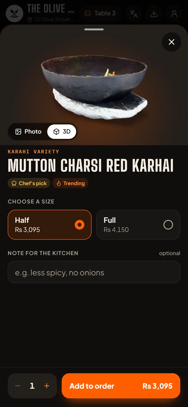 A dish sheet with the dish shown in 3D, size choice and Add to order
