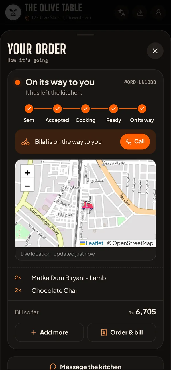 Live order tracking: on its way, rider Bilal on a live map with a Call button