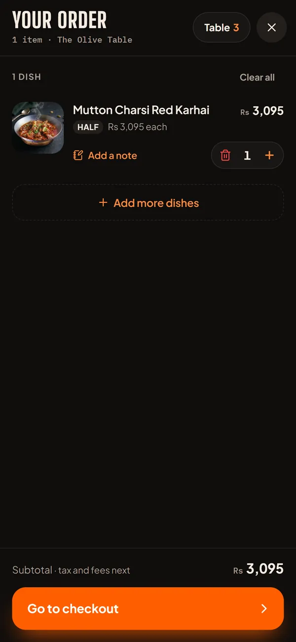 Your order: one dish, Add more dishes and Go to checkout
