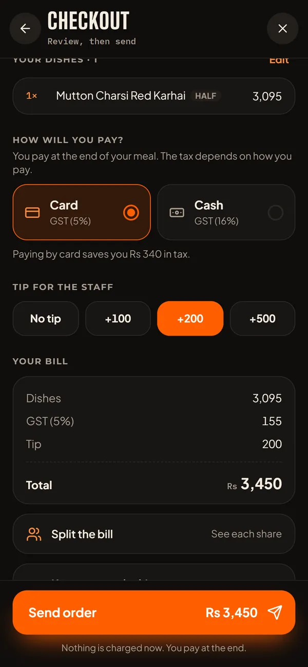 Checkout: How will you pay — card or cash at the end of the meal — and a tip for the staff