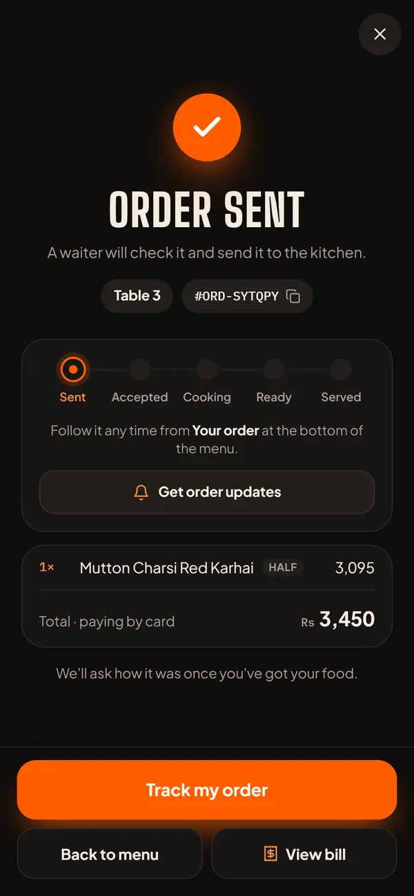 Order sent: a waiter will check it and send it to the kitchen