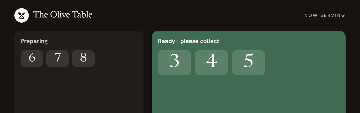 The real Now-serving board: pickup numbers 6, 7 and 8 preparing, and 3, 4 and 5 ready to collect