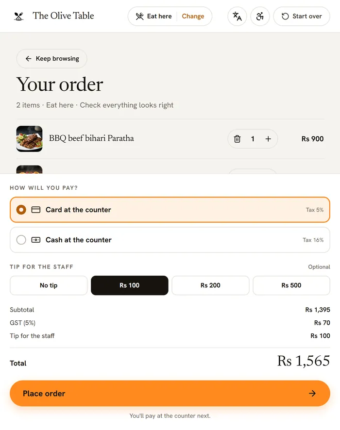 The kiosk checkout: Card or Cash at the counter, a tip for the staff and the total