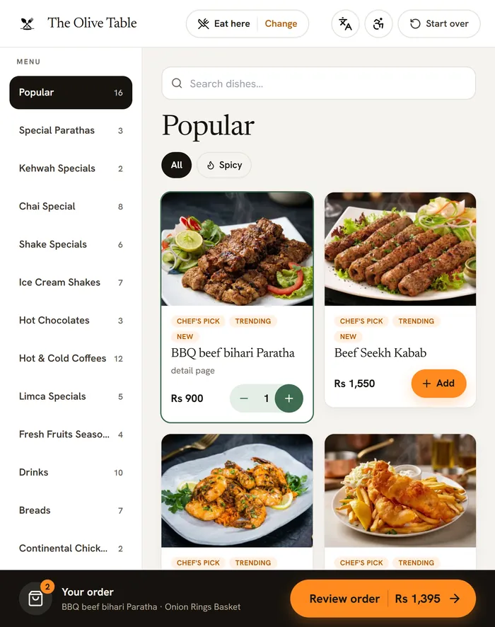 The kiosk menu: categories, dish photos with Add buttons and a Your order bar