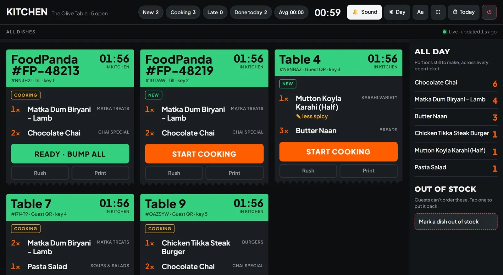 VizuDine kitchen display: live tickets for FoodPanda and table orders with cooking timers, Start cooking and Ready buttons, and an all-day dish count