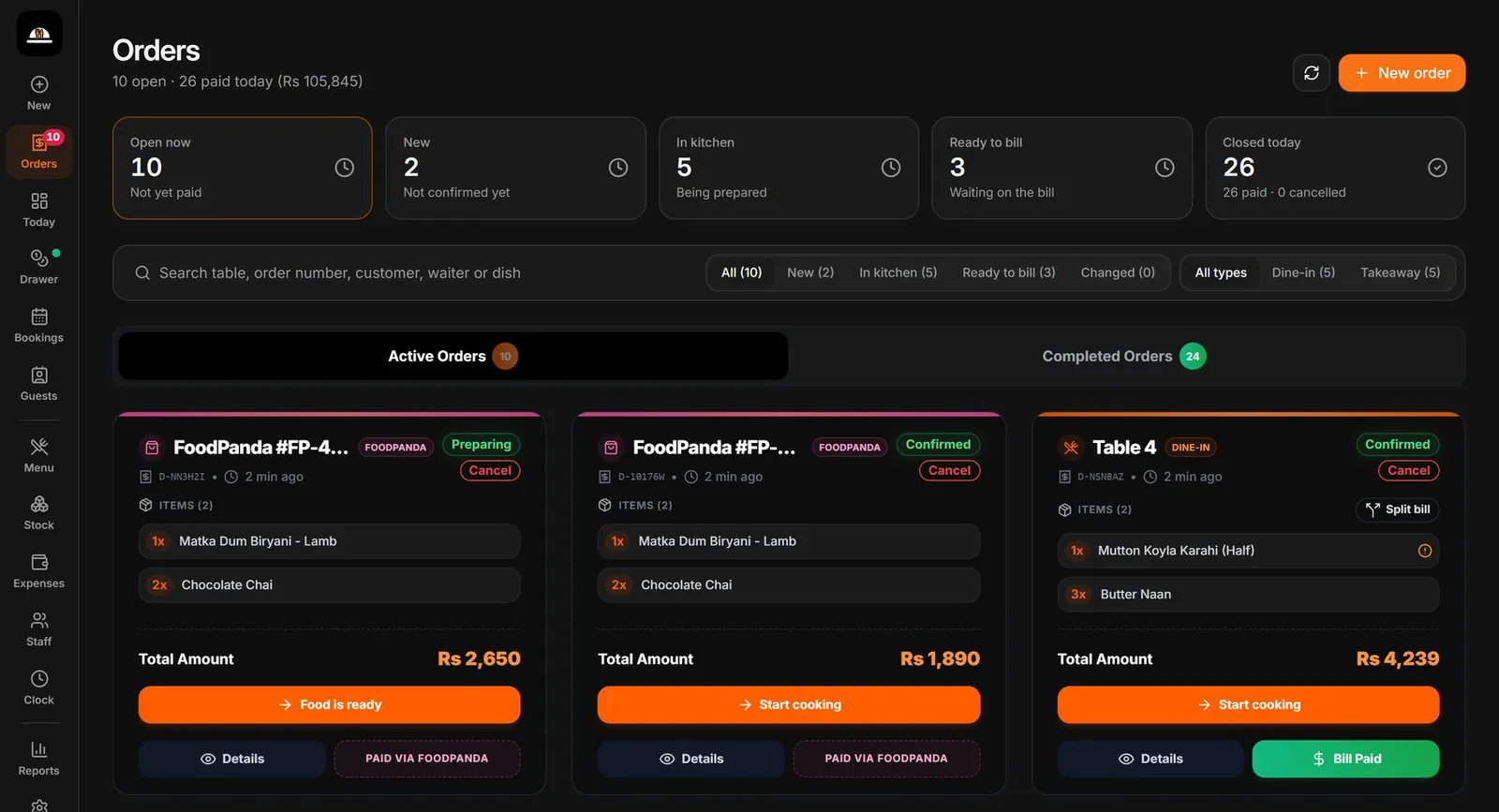 VizuDine POS orders board: FoodPanda and dine-in orders side by side with totals, Food is ready, Start cooking and Bill paid buttons