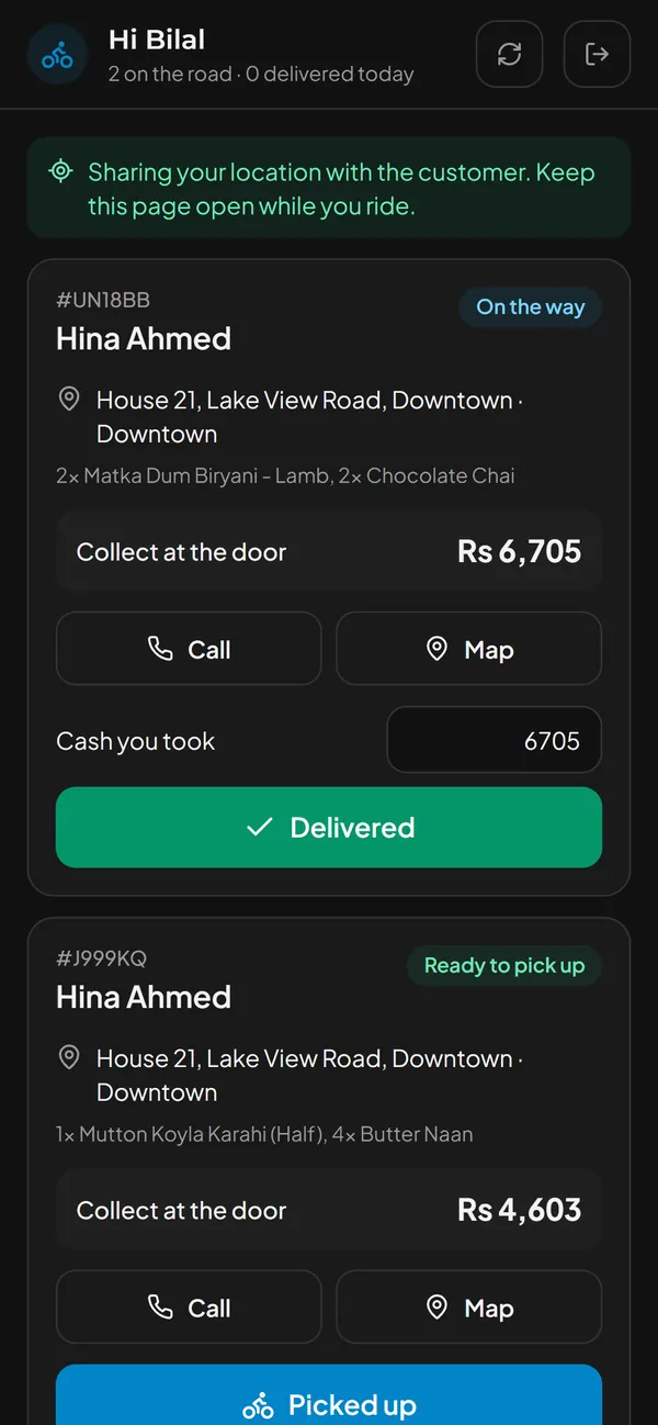 The VizuDine rider app: deliveries with address, Call, Map and cash collected