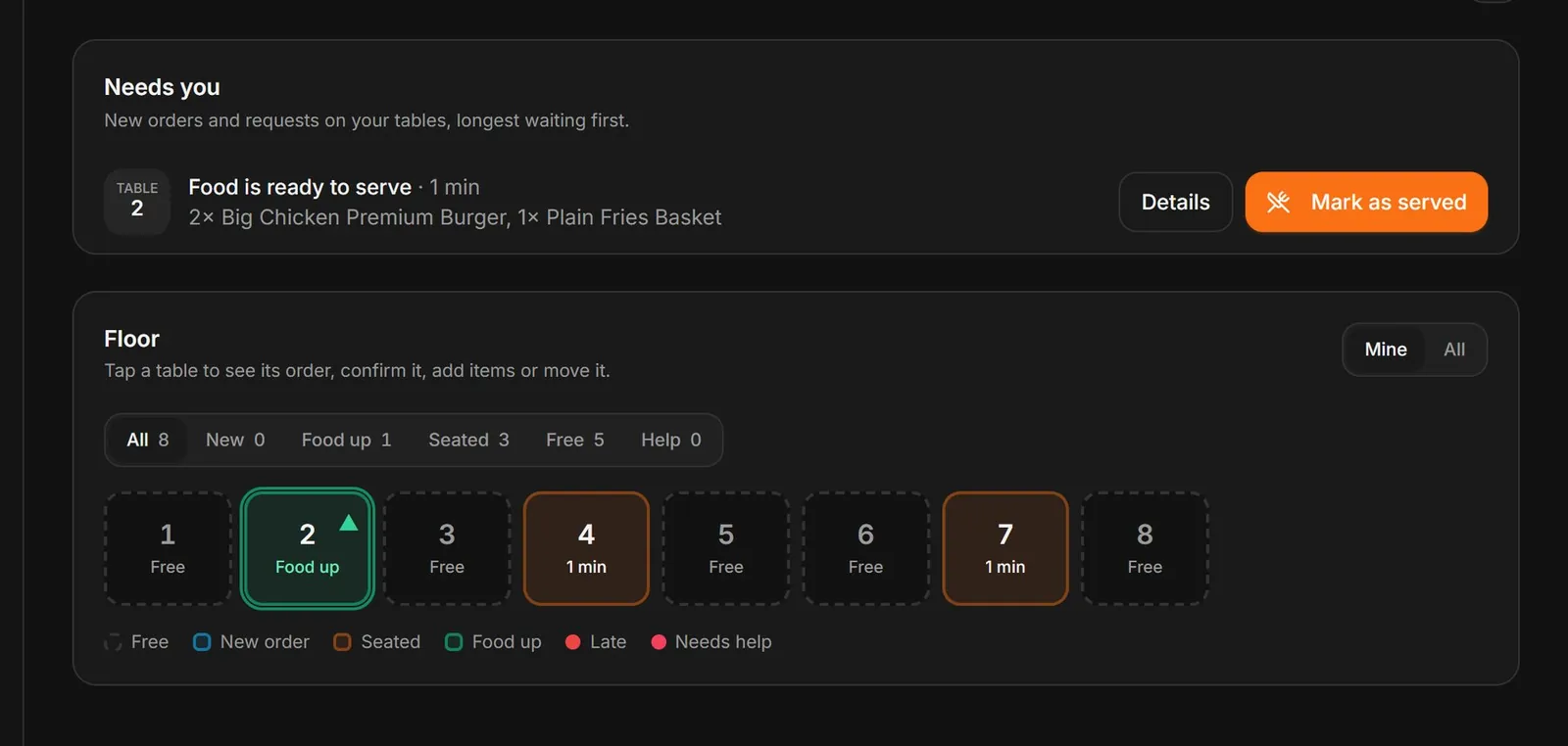VizuDine waiter panel: a Needs you list with a food-ready alert and a live floor map of tables