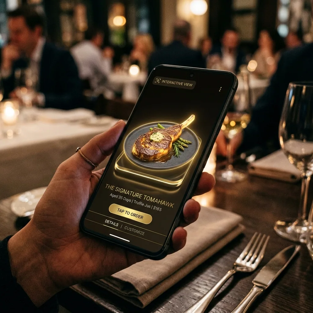 A customer holds a phone showing a home chef's dish in interactive 3D, with a Tap to order button